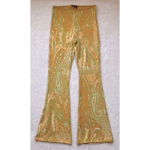NWT Zara Yellow & Green Jacquard High Waisted Pull On Flare Pants, Size Medium - Picture 14 of 16